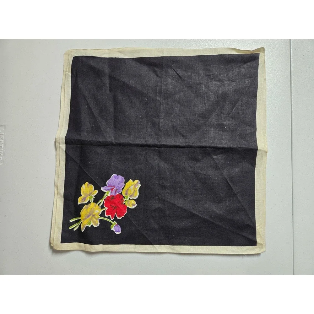 VINTAGE Cloth Napkin Set of 4 Black Floral Print LINEN MCM 15